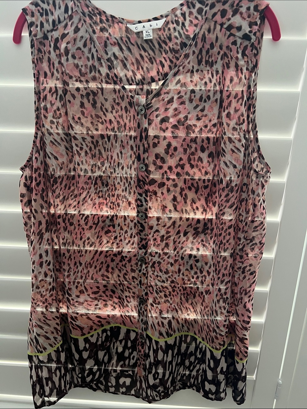 CAbi Pink and Black Sleeveless Animal Print Button-Front Top